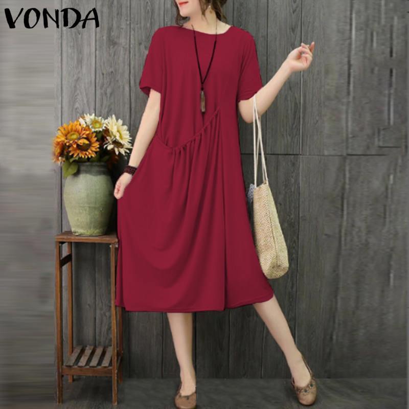 VONDA Women Dress 2019 Summer Female Casual Loose Solid Party Dresses Vintage O Neck Short Sleeve A Line Vestidos Plus Size